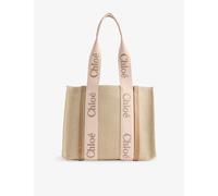 Chloe Womens Chloe Woody Medium Linen and Leather Tote Bag Blushy Beige