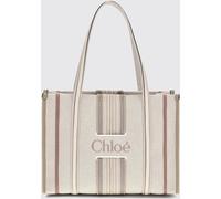 CHLOÉ Woody Loop Tote Bag in Multicolour Striped Canvas with Embroidered Logo