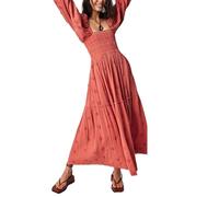 Chloefairy Women's Flower Embroidered Maxi Dress Lantern Sleeve Square Neck Tiered Flowy Spring Fall Dress, Watermelon Red, M