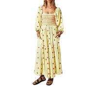 Chloefairy Women's Flower Embroidered Maxi Dress Lantern Sleeve Square Neck Tiered Flowy Spring Fall Dress, Yellow, M