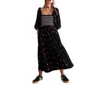 Chloefairy Women's Flower Embroidered Maxi Dress Lantern Sleeve Square Neck Tiered Flowy Spring Fall Dress, Black, S