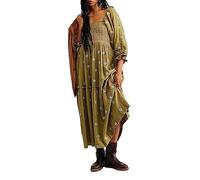 Chloefairy Women's Flower Embroidered Maxi Dress Lantern Sleeve Square Neck Tiered Flowy Spring Fall Dress, Green, M