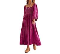 Chloefairy Women's Flower Embroidered Maxi Dress Lantern Sleeve Square Neck Tiered Flowy Spring Fall Dress, Rose Purple, L