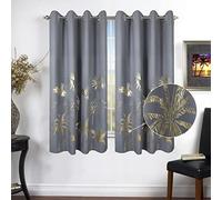 Chlophy Gold Blackout Curtains Grey Foil Printed Palm Leaves Trees Luxury Bedroom Eyelet 46×54 Short Thermal Tropical Total Room Darkening Metallic Window Curtain Living Room 2 Panels