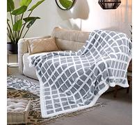 Chlophy Grey Fleece Blanket Sherpa Throw Warm for Winter Sofa Fluffy Checkered Extra Thick Men Plaid Textured 130×150CM Large Plush Fuzzy Double White Blanket Super Couch