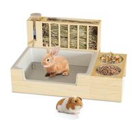 Chloraeon 4-in-1 Waterproof Wooden Rabbit Hay Feeder with Litter Box, 2 Bowls, and Water Bottle, Large Capacity and Waste-Preventing Design, for Guinea Pig, Chinchilla, Bunny, and Other Small Animals