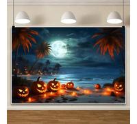 ChloropLastid 10x6.5ft Beach Pumpkin Lantern Halloween Backdrop Halloween Full Moon Night Hawaii Seaside Horrible Background for Photography Happy Halloween Party Decorations Supplies Studio Props