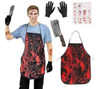 CHMMY Butcher Costume, 5 Pcs Serial Killer Costume with Halloween Creepy Mask Apron Gloves Fake Knife and Temporary Tattoo, Scary Halloween Costumes for Adult Party Prop