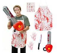 CHMMY Butcher Costume, 6 Pcs Serial Killer Costume with Halloween Creepy Mask Apron Gloves Chainsaw Fake Knife and Temporary Tattoo, Scary Halloween Costumes for Adult Party Prop