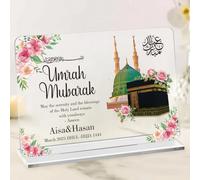 CHMMY Umrah Mubarak Personalised Gift, Personalised Hajj Photograph Gift for Family, Eid, Ramadan, Islamic Gifts, Custom Name and Month, Hajj Floral Home Decoration Acrylic Plaque with Stand