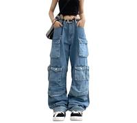Chmnigma Baggy Cargo Pants for Womens Mens Y2K Loose Low Rise Wide Leg Jeans Harajuku Streetwear Clothes, Blue, XXL