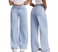 Chmnigma Baggy Jeans for Woman Teen Girls Bow Jeans High Waisted Straight Leg Cute Pants Casual Preppy Clothes, Blue2, M