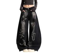 Chmnigma Baggy Jeans for Women Teen Girls Star Loose Barrel Jeans Cute Embroidered Patchwork Wide Leg Denim Pants, Black, Large
