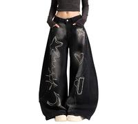 Chmnigma Barrel Jeans for Women Star Embroidered Baggy Pants Cute Clothes | Baggy Jeans Y2k,Patchwork Pants,High Rise,Wide Leg,Classic Pockets,Streetwear,Boyfriends Trendy Clothes,Casual Outfits