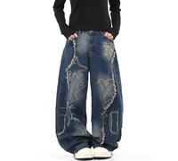 Chmnigma Barrel Jeans for Women Star Embroidered Baggy Pants Cute Clothes | Baggy Jeans Y2k,Patchwork Pants,High Rise,Wide Leg,Classic Pockets,Streetwear,Boyfriends Trendy Clothes,Casual Outfits