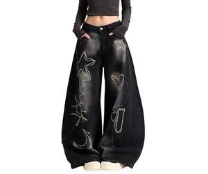 Chmnigma Barrel Jeans for Women Star Embroidered Baggy Pants Cute Clothes | Baggy Jeans Y2k,Patchwork Pants,High Rise,Wide Leg,Classic Pockets,Streetwear,Boyfriends Trendy Clothes,Casual Outfits