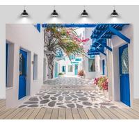 CHNBGPRO 2.7m x 1.8m Greece Backdrop Santorini Morocco Blue Window Flowers Street Scenery Photo Background for Greece Wedding Birthday Party Decor Music Drama Backdrop Photo Booth Props