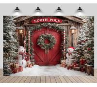 CHNYWORK 10x8ft Christmas North Pole Backdrop Snowman Christmas Trees Gift Boxes Snowy Pine Forest Red Wooden Door Winter Holiday Background New Year Xmas Eve Party Decor Portrait Photo Booth Props