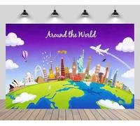 CHNYWORK 5x3ft Cartoon Travel Around The World Backdrop World Famous Landmarks Global Travel Earth Background for Kids School Party Backdrop Themed Birthday Party Decor Photo Props