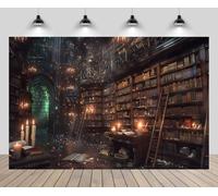 CHNYWORK 5x3ft Magic Library Backdrop Wizard Castle School Bookshelf Books Candles Ladders Study Tables Restricted Section Gate Background Kids Birthday Halloween Party Decor Photo Booth Props