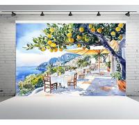 CHNYWORK 5x3ft Watercolor Capri Restaurant Backdrop Hand Drawn Mediterranean Lemon Trees Cafe Terrace Table Chair Parasol Costal Town Background Europe Birthday Wedding Party Decor Photo Props