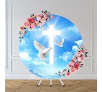 CHNYWORK 7.2ftx7.2ft Holy Christian Cross Round Backdrop Cover Holy Spirit Bird Dove Holy Lights Heaven Sky Crucifix Easter Lord Pray Resurrection Background Religious Church Party Decor Photo Props