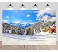 CHNYWORK 7ftx5ft Winter Snow Mountain Backdrop Ski Resort Alps Mountain Fir Forest Wooden House Ski Slopes Blue Sky Background Winter Ski Party Decorations Photo Shoot Studio Props Wallpaper