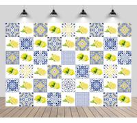 CHNYWORK 7x5ft Blue Tiles Lemon Backdrop Mediterranean Fresh Lemon Fruit Green Leaves Background European Baby Shower Italian Summer Amalfi Coast Birthday Party Decor Portrait Photo Booth Props