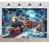 CHNYWORK 7x5ft Christmas Train Backdrop Winter North Pole Wonderland Snowy Pine Forest Full Moon Starry Santa Claus Background Xmas Eve New Year Party Decor Portrait Photo Booth Studio Props