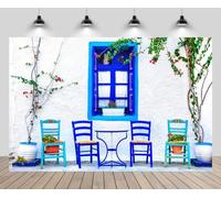 chnywork 7x5ft Greece Spring Street Backdrop Traditional Greek White Brick House Blue Wooden Window Chairs Plants Background Europe Greece Travel Party Decor Birthday Wedding Photo Studio Props