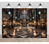 CHNYWORK 7x5ft Ministry of Magic Backdrop Magical Wizard Witch Golden Magic Hall Fireplace Black Tile Floor Wizards Background Kids Birthday Halloween Party Decor Portrait Photo Booth Studios Props