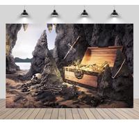 CHNYWORK 9ftx6ft Renaiss Treasure Chest Backdrop Gold Island Sword Skull Jewellery Coins Sea Cave Adventure Background Pirate Captain Theme Birthday Party Decor Photo Booth Studios Props Wallpaper