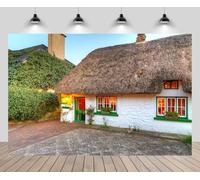 CHNYWORK 9x6ft Irish Cottage Backdrop Traditional Ireland House Straw Roof White Brick Wall Green Window Door Background Europe Ireland Travel Birthday Wedding Party Decor Portrait Photo Booth Props