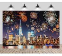 CHNYWORK 9x6ft New York City Skyline Backdrop Skyscrapers City Skyline NYC Night Colorful Fireworks River Background USA Travel Happy New Years Eve Party Decoration Banner for Kids Photo Prop