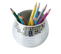 Choary Glass Disco Ball Pen Holder with Smooth Grouting - Premium Mirror Mosaic Pencil Cup for Desk, Cute Makeup Brush Holder, Aesthetic Room Decor Gift (silver)