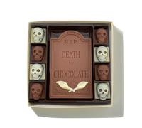 Choc on Choc - Death By Chocolate - Halloween Chocolate Bar with 8 Belgian Chocolate Skulls - Spooky Novelty Gift - Handmade Milk, Dark & White Chocolate - 200g