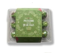 Choc on Choc Pistachio Filled Drippy Quails Eggs - Handmade Solid Belgian Milk and White Chocolate Treats with Pistachio Cream Centre - Box of 12 - Unique Easter Gift Idea - Made in the UK - 120g