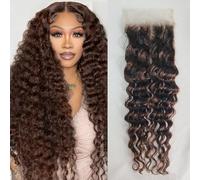Chocolate Brown Deep Wave 4X4 Lace Closure Only Human Hair 10 Inch, 12A Virgin Hand Tied Swiss Transparent Closure Curly Hair #4 Color