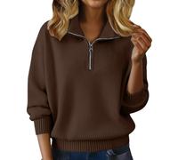 Chocolate Brown Fall Clothes Cosy Jumpers Women UK Half Zip Polo V Neck Cozy Knit Sweaters Wool Cashmere Sweatshirt Thermal Warm Tunic Ladies Fleece Tops Fall Winter Airport Outfits 2025 Brown L