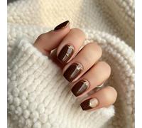 Chocolate Brown Heart Almond Press On Nails Short Fake Nails Set with Glossy Finish - Elegant Touch Short Almond False Handmade Kit for Women Daily Wear Autumn French Tip Stick Dark Gothic Square