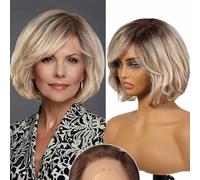 Chocolate Brown Human Hair Lace Frontal Wigs with Bangs Short Wavy Bob Wig Transparent Lace Front Pixie Cut Hair for Women-Ash Blonde-12INCHES
