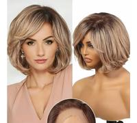 Chocolate Brown Human Hair Lace Frontal Wigs with Bangs Short Wavy Bob Wig Transparent Lace Front Pixie Cut Hair for Women-Ash Brown-12INCHES
