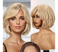 Chocolate Brown Human Hair Lace Frontal Wigs with Bangs Short Wavy Bob Wig Transparent Lace Front Pixie Cut Hair for Women-Blonde-12INCHES