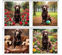 Chocolate Brown Labrador Dog Coaster Set. 4 different images of Labrador Dogs on 10cm x 10cm acrylic coaster mug mats. Boxed for gifting