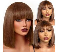 Chocolate Brown Straight Bob Wig Human Hair Short Straight Human Hair Wigs with Bangs Brazilian Straight Wig with Bangs None Lace Front Wigs For Black Women 14Inch