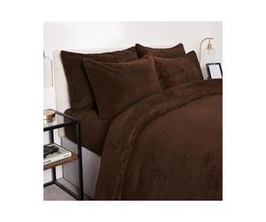 (Chocolate, Double) OHS Teddy Fleece Duvet Set Thermal Winter Warm Super Soft Cosy Plush Plump Duvet Cover and Pillowcase Bedding Set Home Bedroom