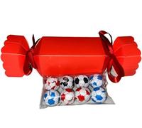 Chocolate flavoured footballs in Christmas cracker sweet box with personalised sticker