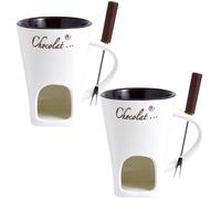 Chocolate Fondue Cup Set 2pcs, 200ml Ceramic Pot with Forks, Heat Resistant Mini Cheese Warmer for Home Use