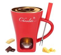 Chocolate Fondue Cup Set, Ceramic Sweet Melting Mug Tealight, Mini Fondue Pot Kit with Fork & Candle, Candy Warmer for Cheese Desserts Perfect for Date Nights Valentines Birthday Wedding Gift (Red)