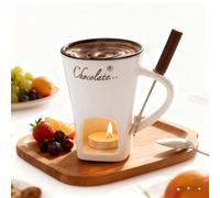 Chocolate Fondue Mug, Ceramic Melting Pot with Fork, Personal Tealight-Heated Chocolate & Cheese Warmer, Dishwasher-Safe, 200 ml / 6.8 fl oz (Candle Not Included)(White)